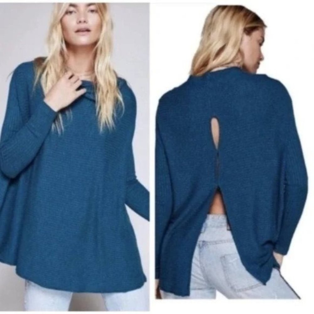 Free People Love Split Back Ribbed Cowl Neck Thermal Sweater Open Back in Teal S